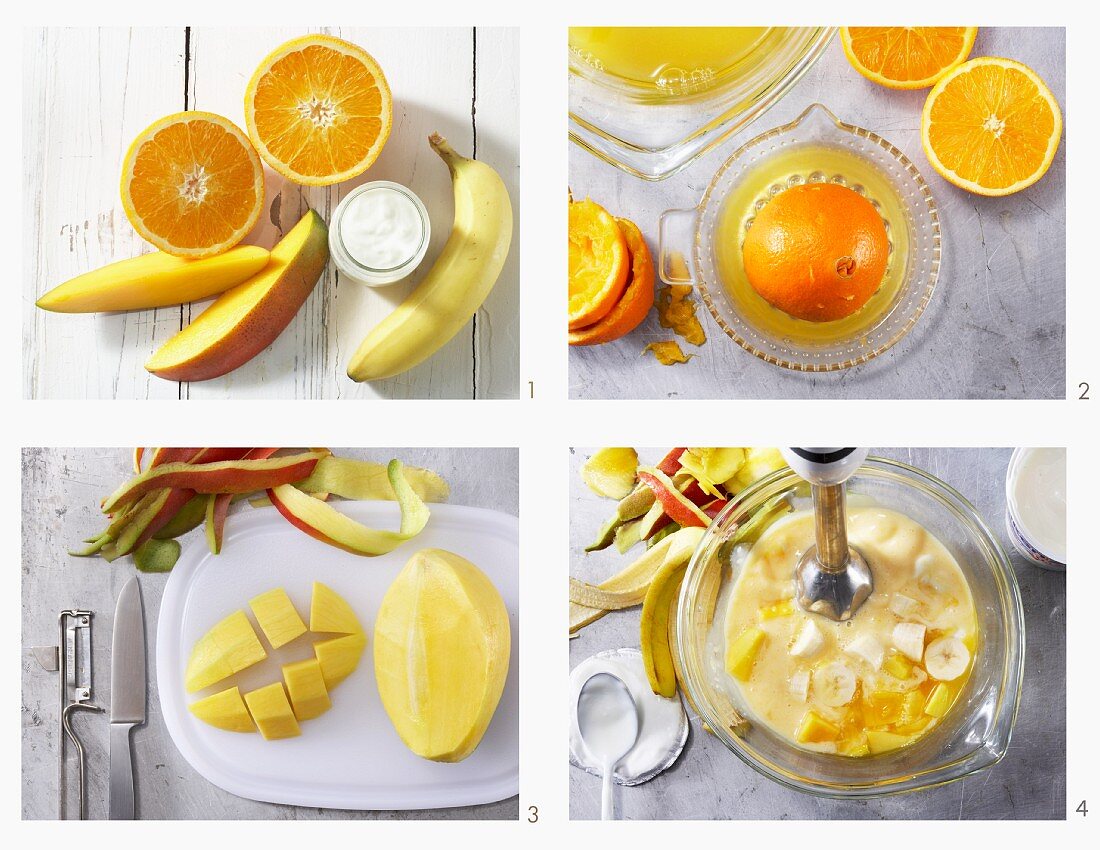 Mango-Bananen-Drink mit Orangensaft und Joghurt zubereiten