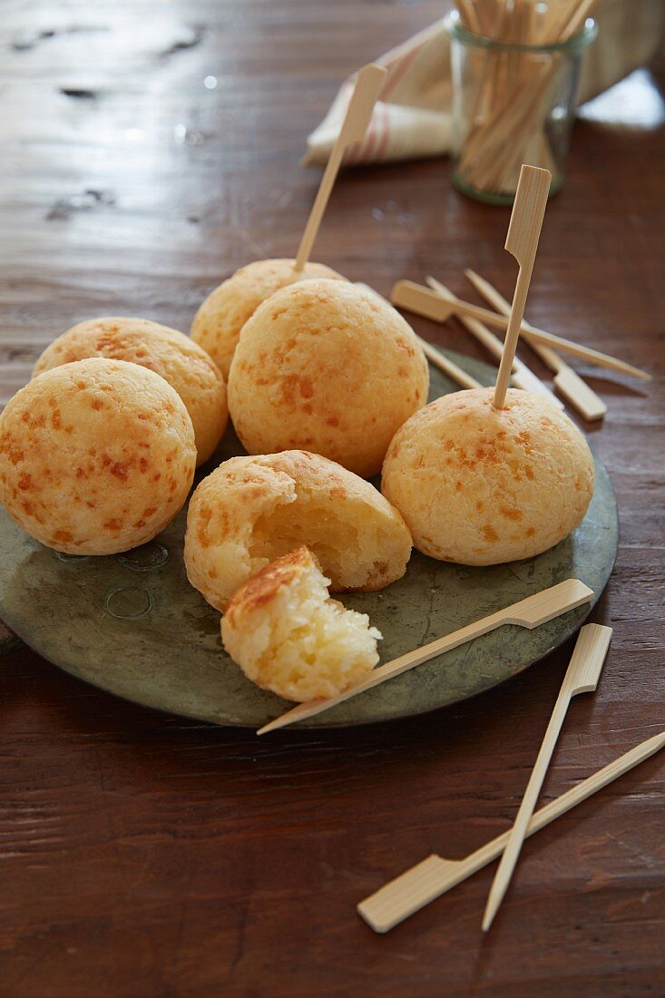 Brazilian cheese balls with wooden skewers