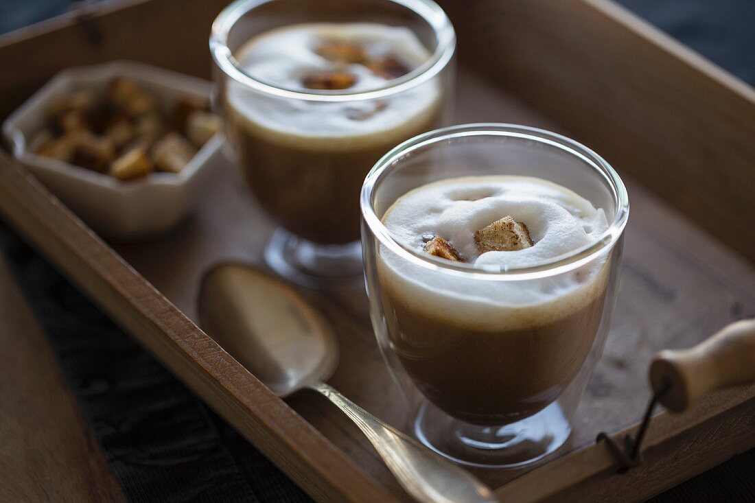 Chestnut soup with milk froth and croutons (chestnut cappuccino)