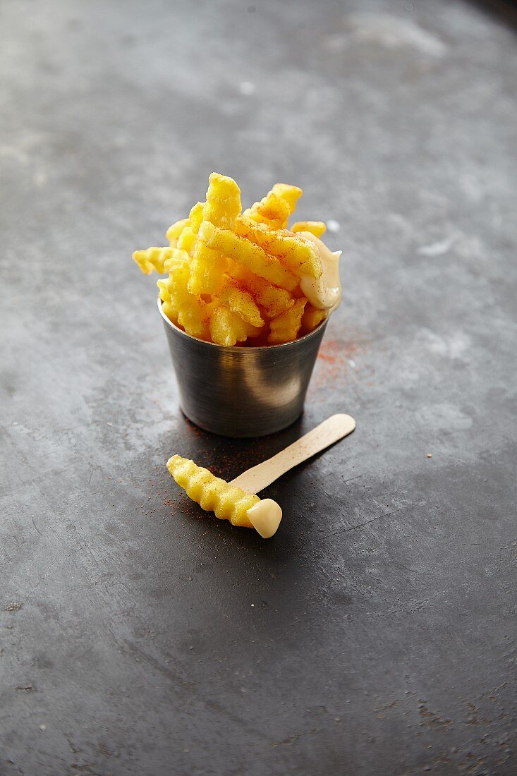 French fries in a metal bowl