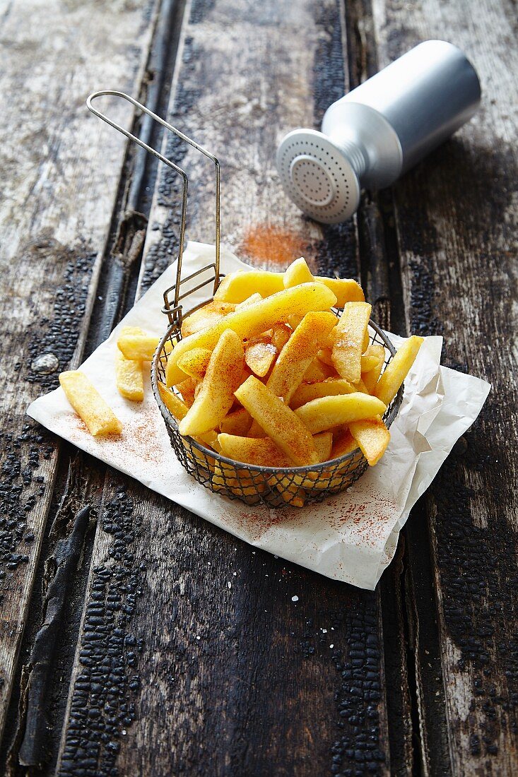 Chips in deep-frying basket