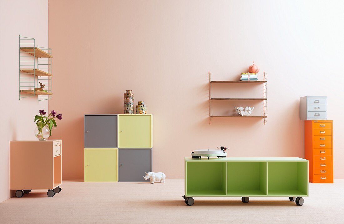 Various storage units against apricot wall