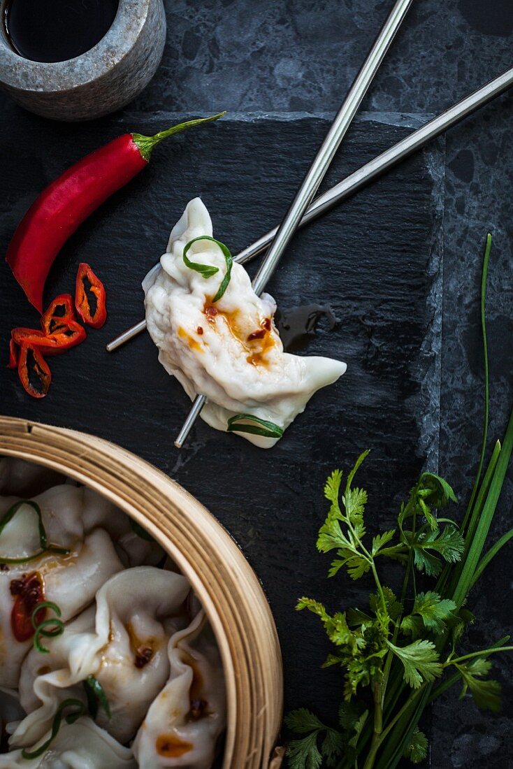 Chicken and Pork Dumplings with chilli, ginger and herbs
