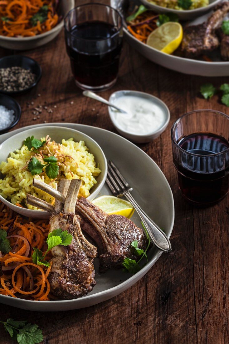 Lamb Rack with Spiral Carrots and Coconut Pilaf