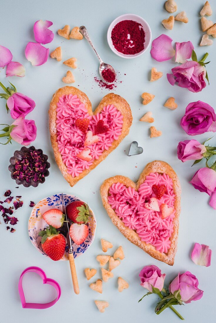 Valentine’s day puff pastry tart with rose pastry cream, strawberries and sprinkles