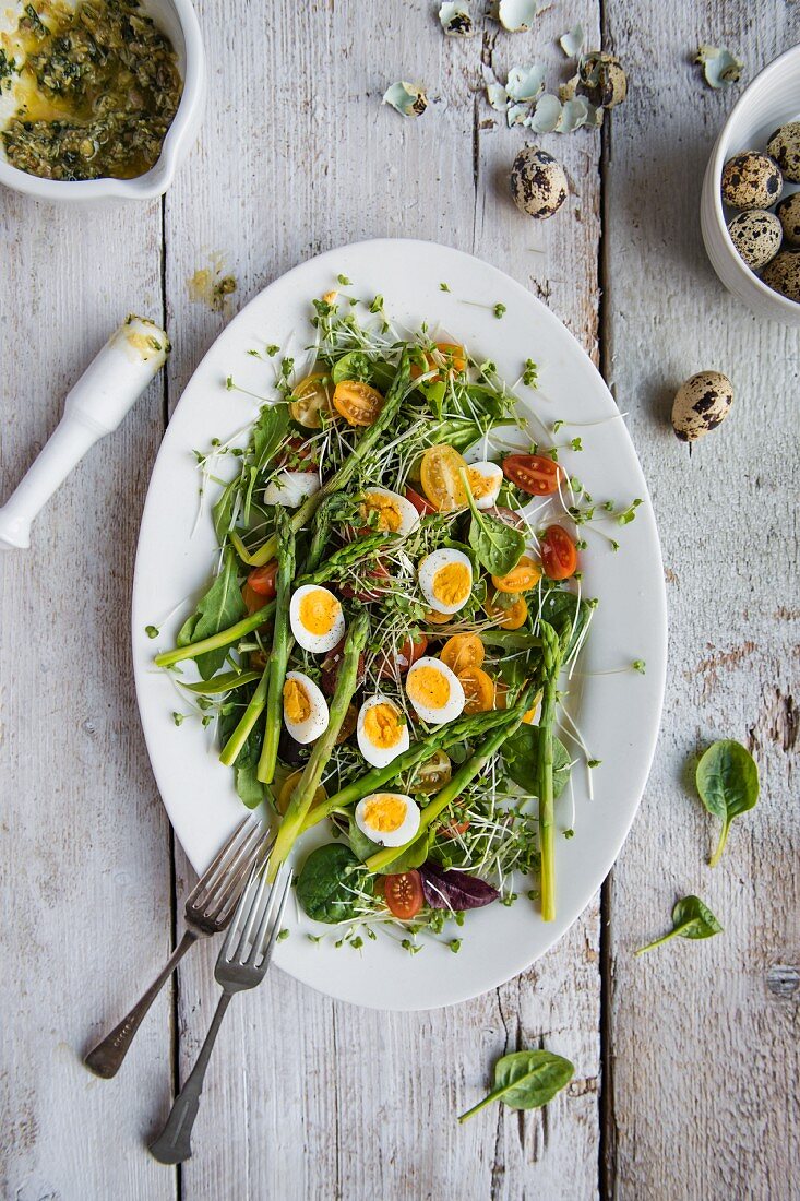 Spring salad with asparagus, tomatoes, cress, spinach, quails eggs and basil pesto, view from above