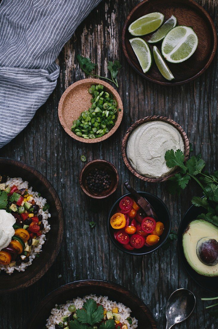 Ingredients for Mexican burrito bowls with cashew and cream sauce