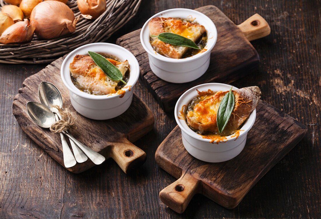 Onion soup with dried bread, sage and cheddar cheese