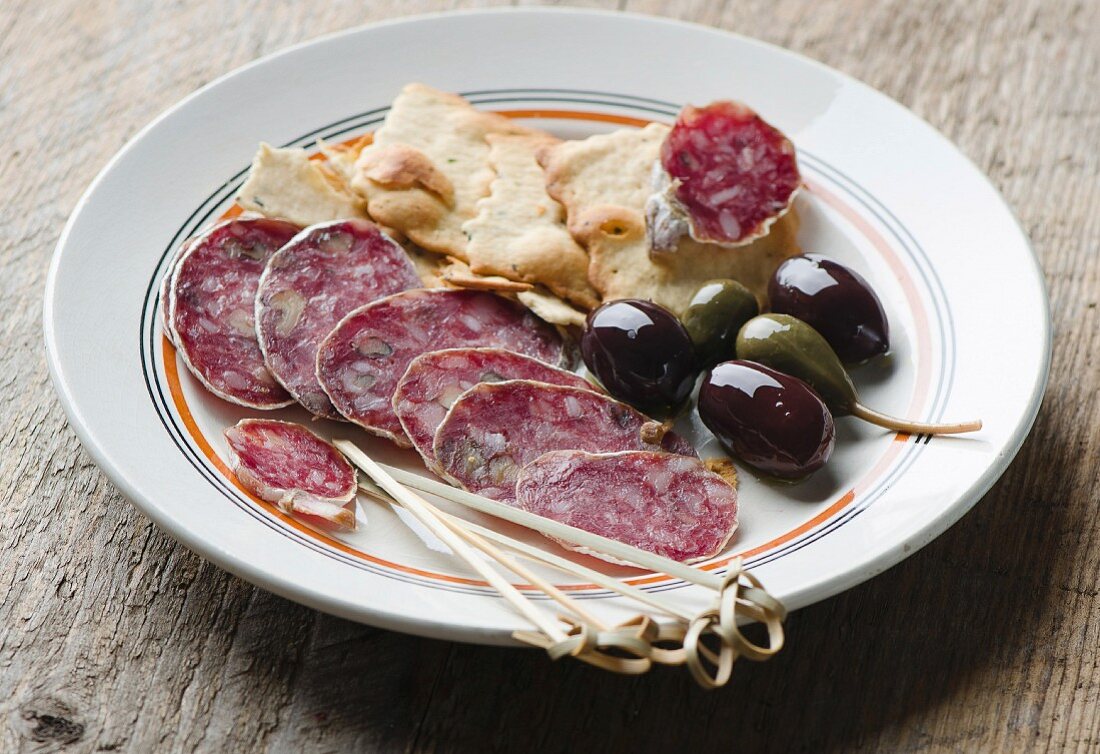 Salami on a white plate