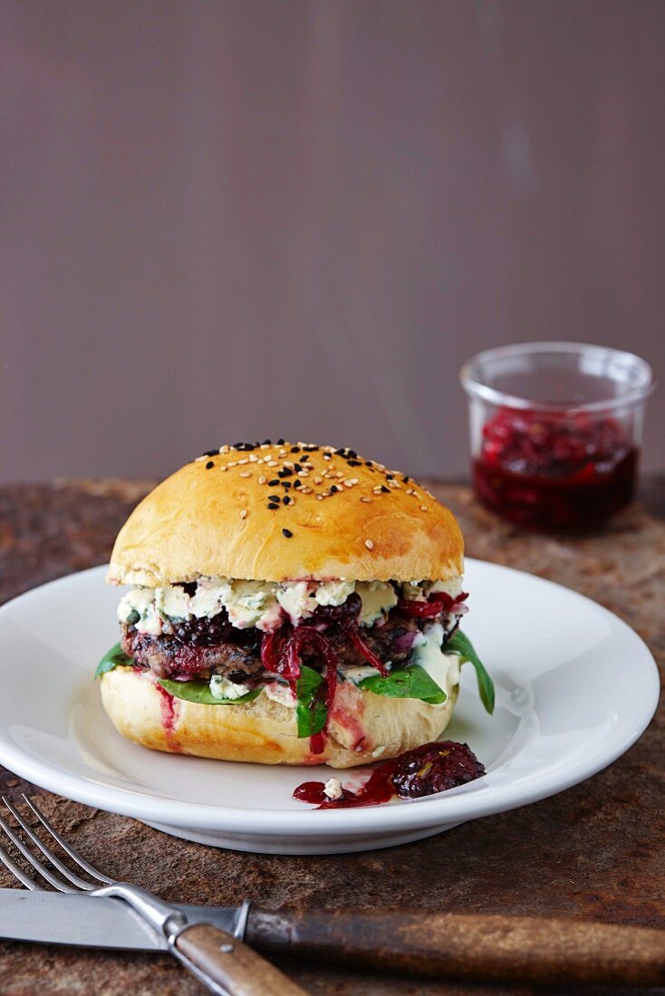 Black bean burger with blackberry chutney and blue cheese