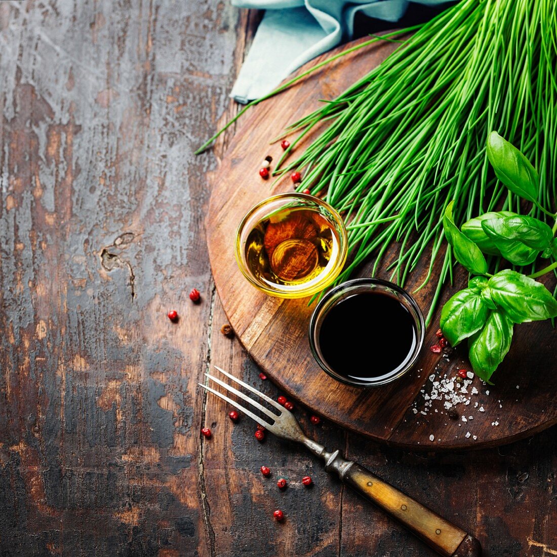 Herbs and spices on wooden board