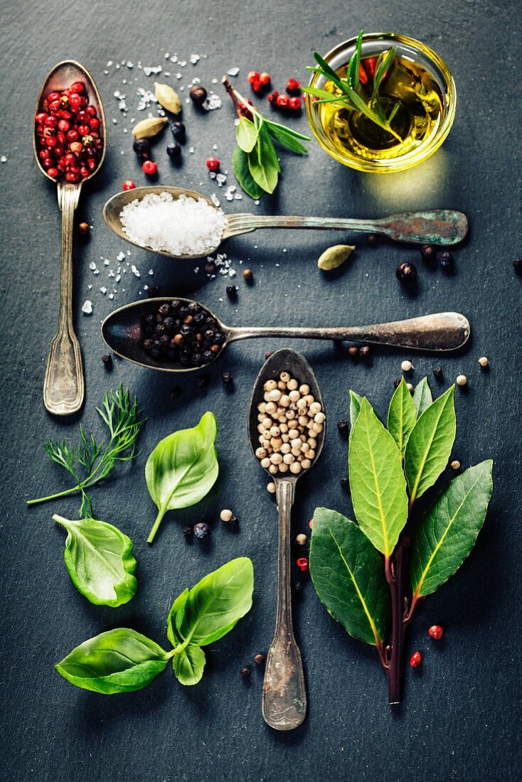 Herbs and spices, old metal spoons and slate background