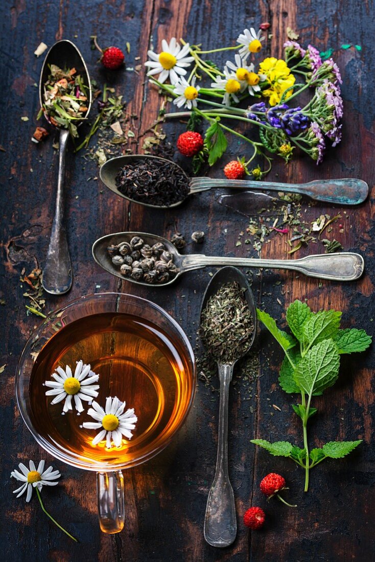 Stillleben mit verschiedenen Teesorten auf Löffeln, Teetasse, Blüten und Beeren