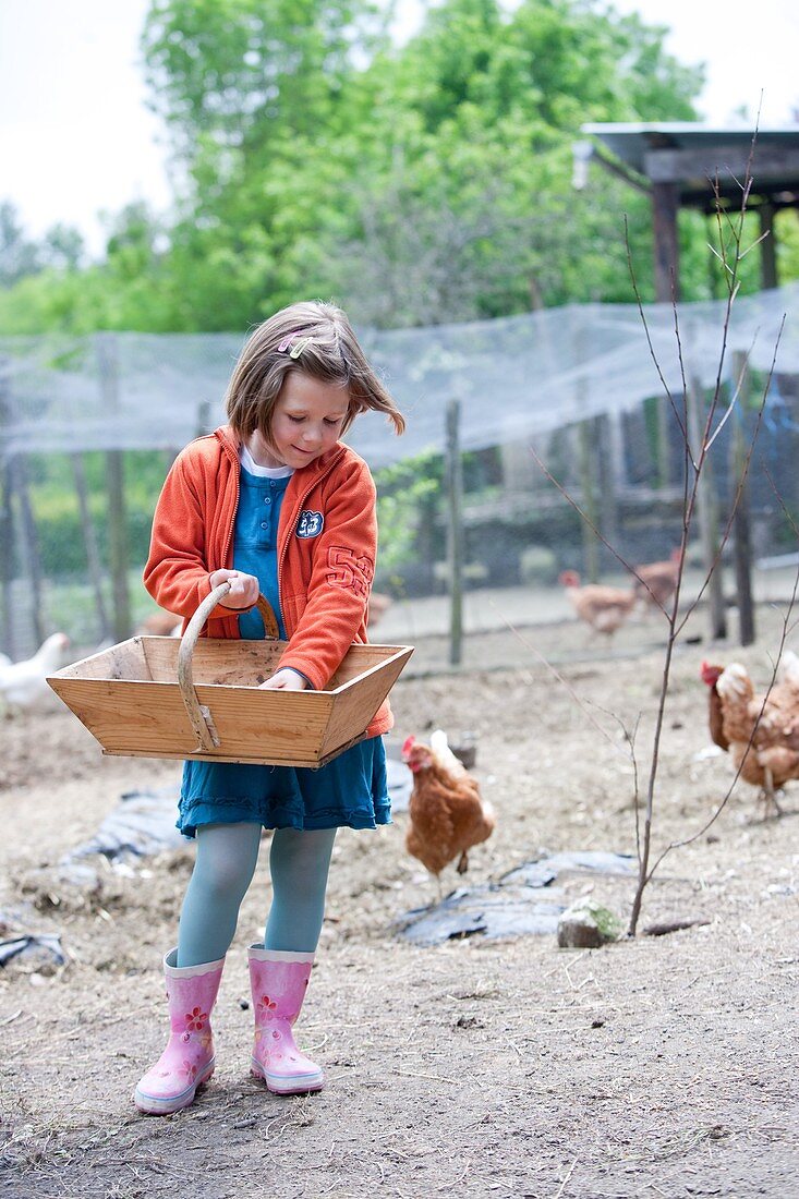 Girl in a hen house