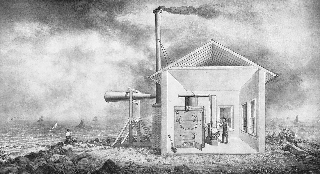Steam-powered foghorn, 1873, illustration