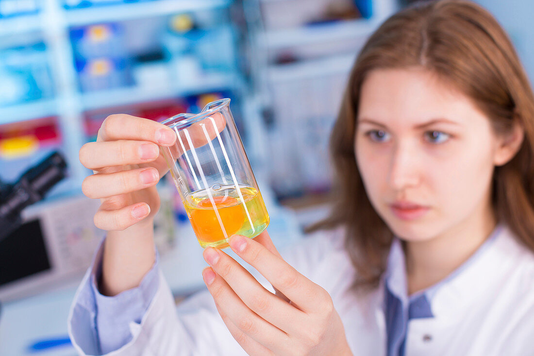 Woman looking at egg yolk in petri dish