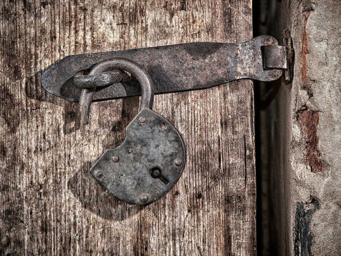 Metal padlock on wooden door