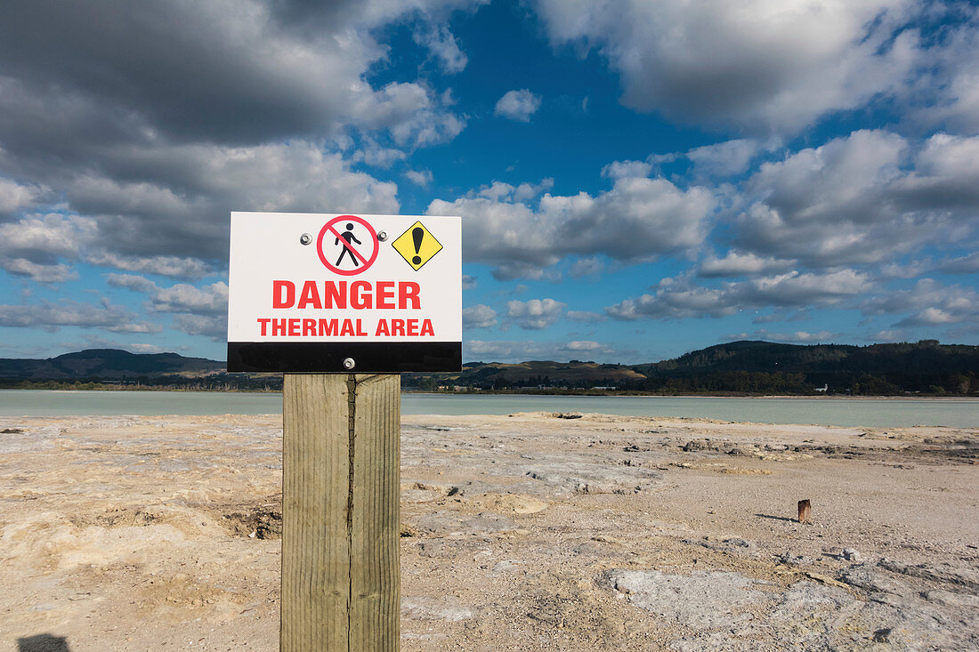 Sign at Lake Rotorua thermal area, New Zealand