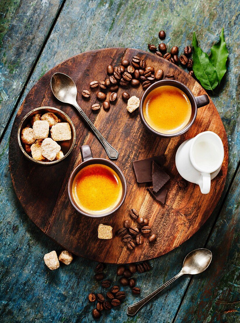 Coffee composition on wooden rustic background