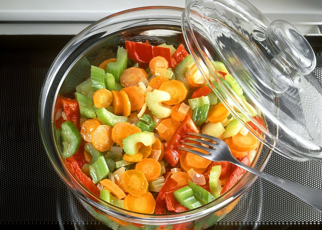 Vegetable ragout - stewed vegetables in glass dish