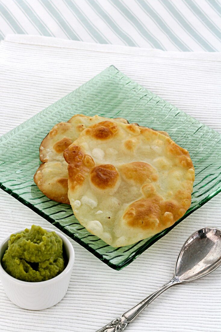 Indian flatbread with pea cream