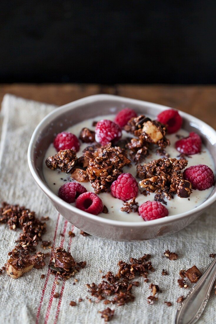 Homemade chocolate granola with seeds and nuts, raspberries and soya milk in a bowl