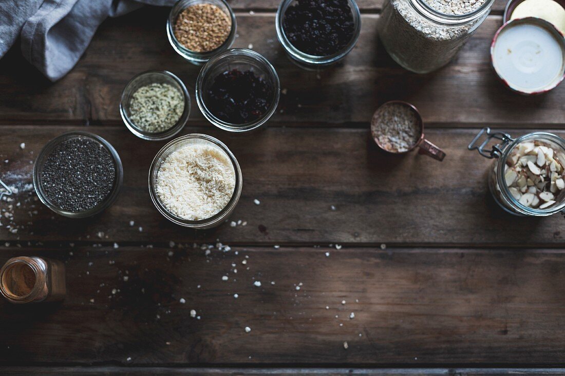 Various kitchen ingredients in pots for cookery