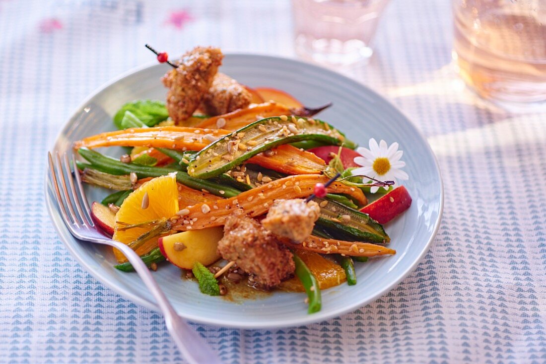 Fried vegetables and fruit