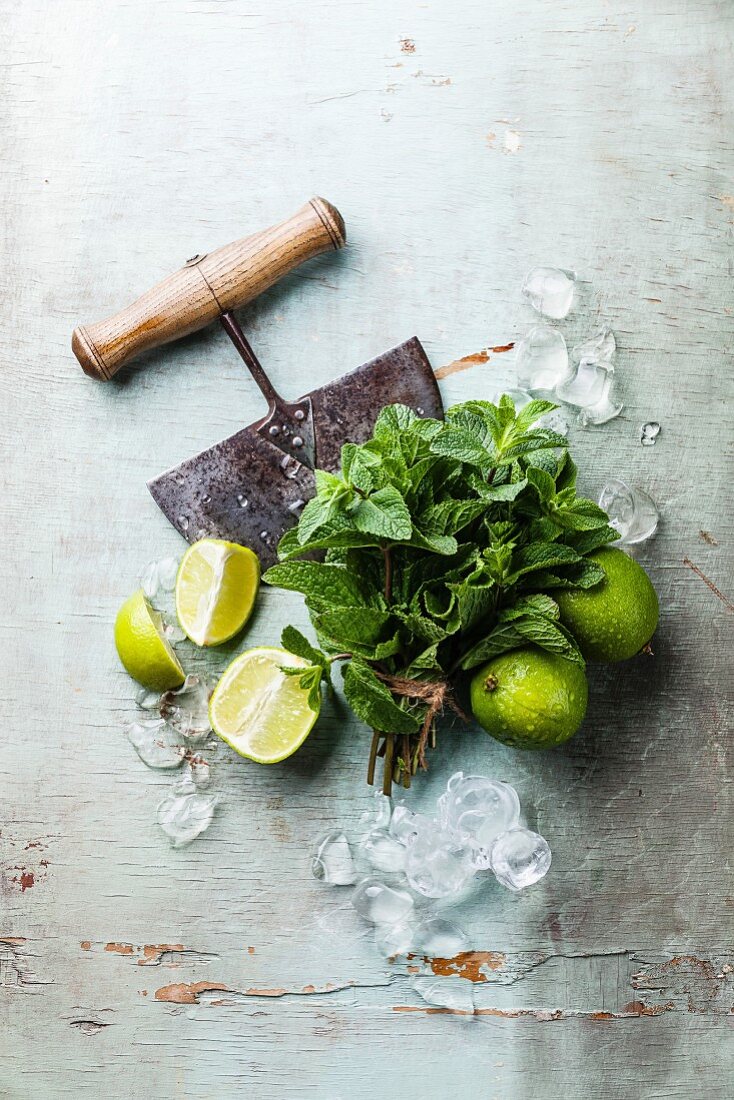 Ingredients for making mojitos: Ice cubes, mint leaves and lime on blue background