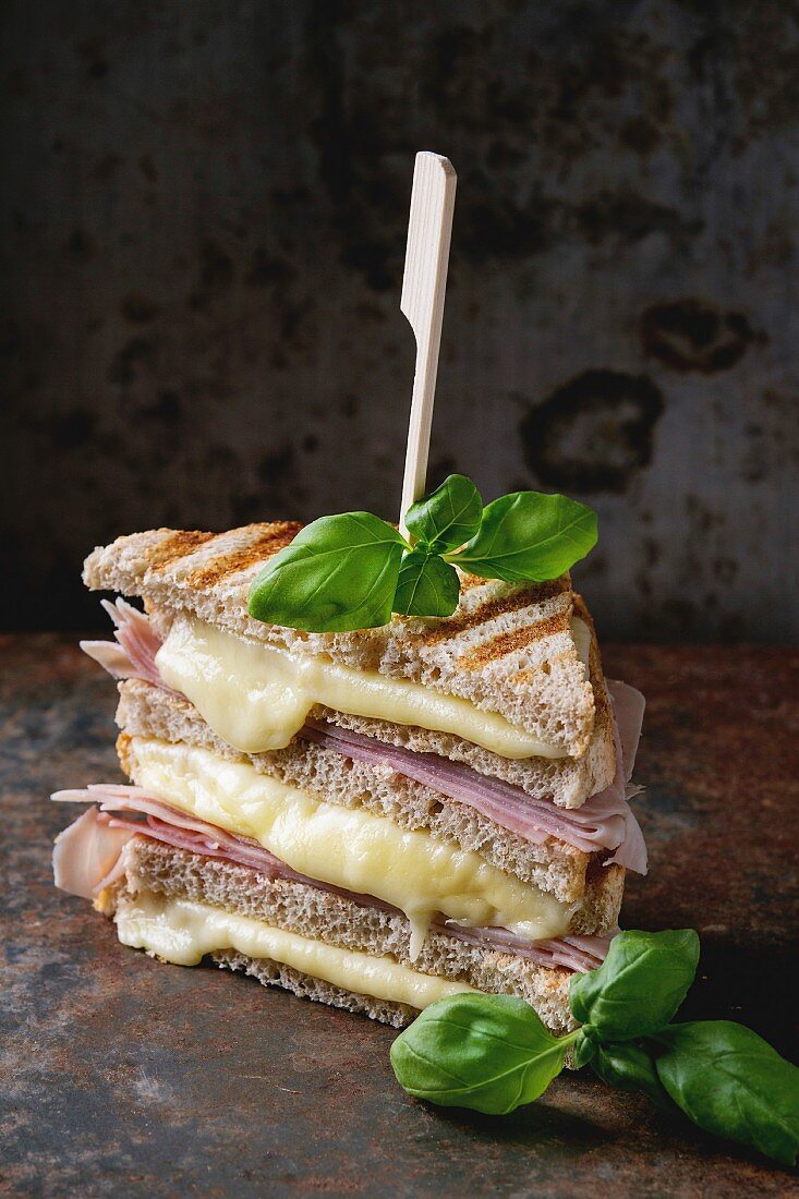 Whole grain grilled sandwich bread with melting hot cheese, ham and basil over dark rusty iron textured background