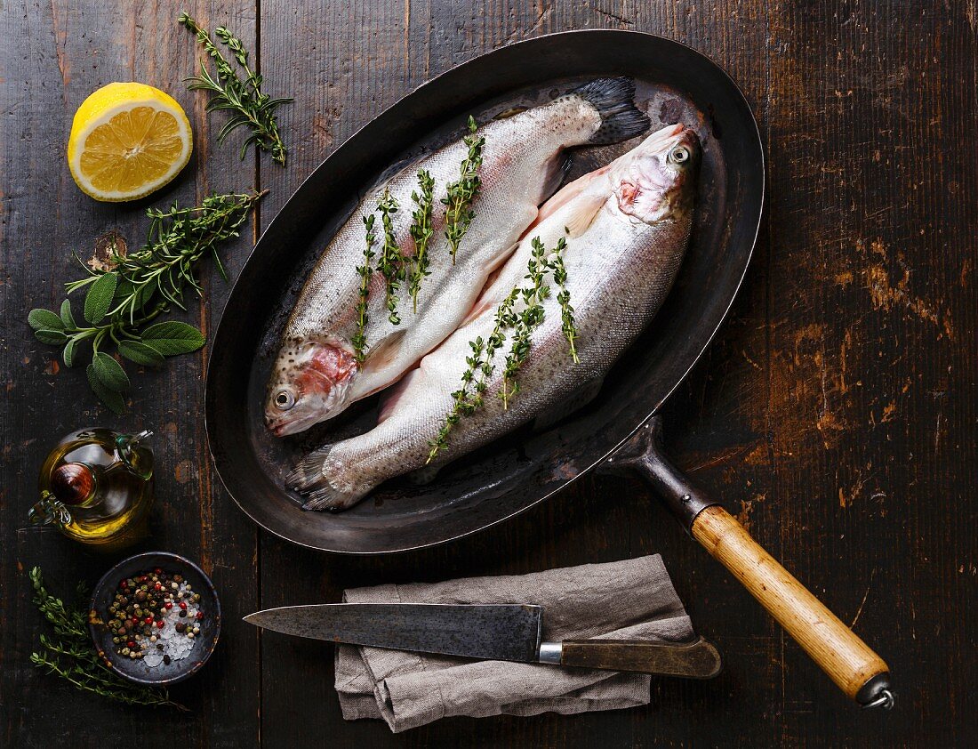 Raw uncooked Trout fish with spices and herbs on pan on dark wooden background