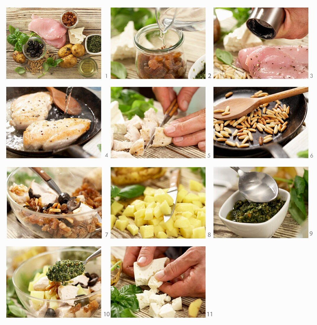 Hähnchen-Kartoffelsalat mit Pesto, Schafskäse und Pinienkernen zubereiten
