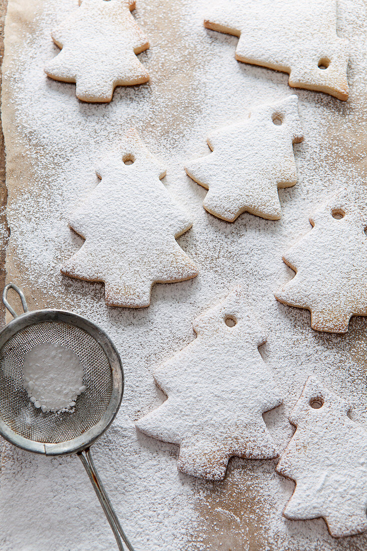 Seven tree shaped biscuits dusted in icing sugar from a vinatge mini sifter on brown baking paper
