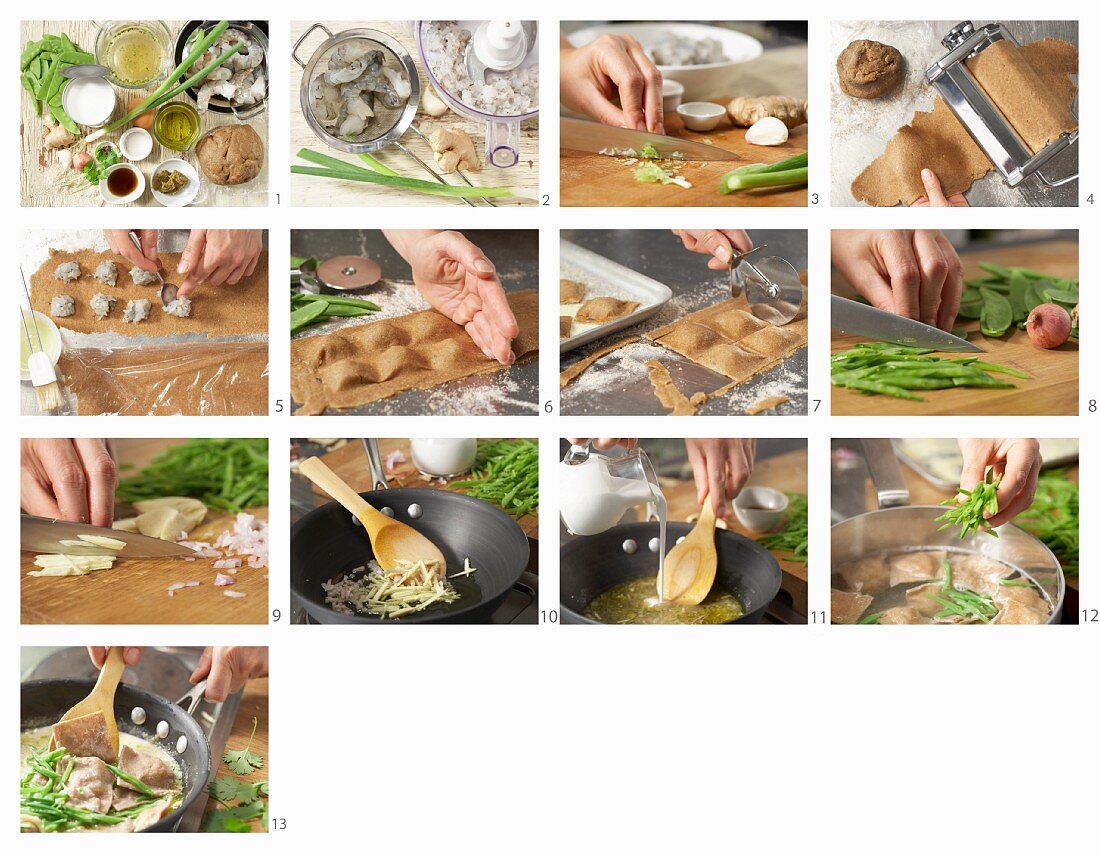 Prepare shrimp ravioli with coconut curry sauce
