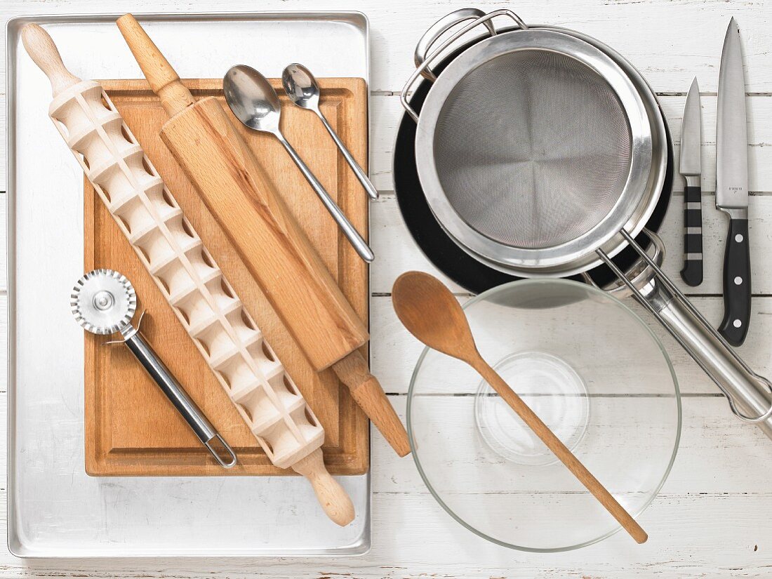 Various kitchen utensils for making ravioli