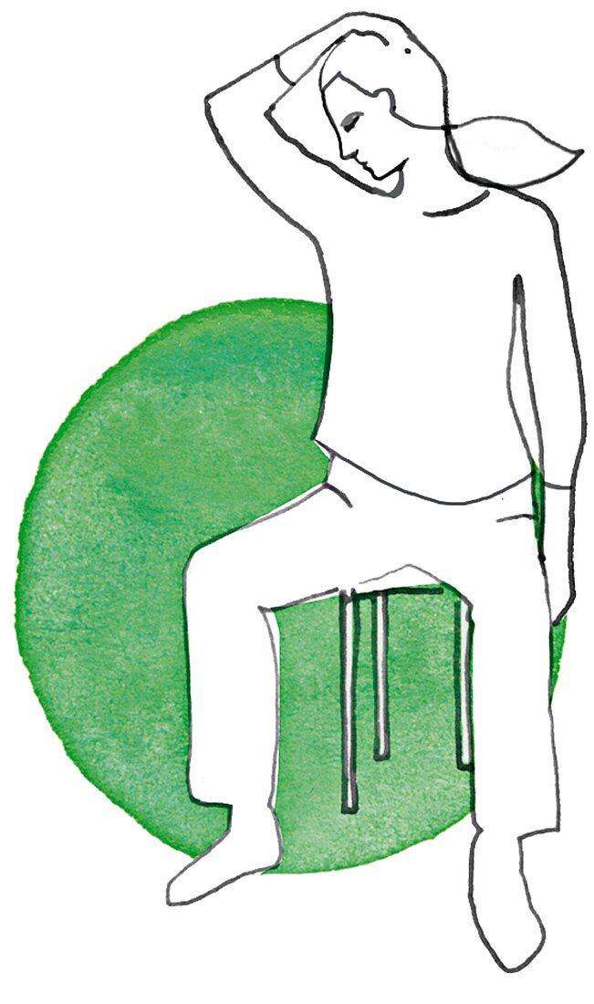 Illustration einer Frau bei Rückengymastik-Übung 'Halsdehnung'