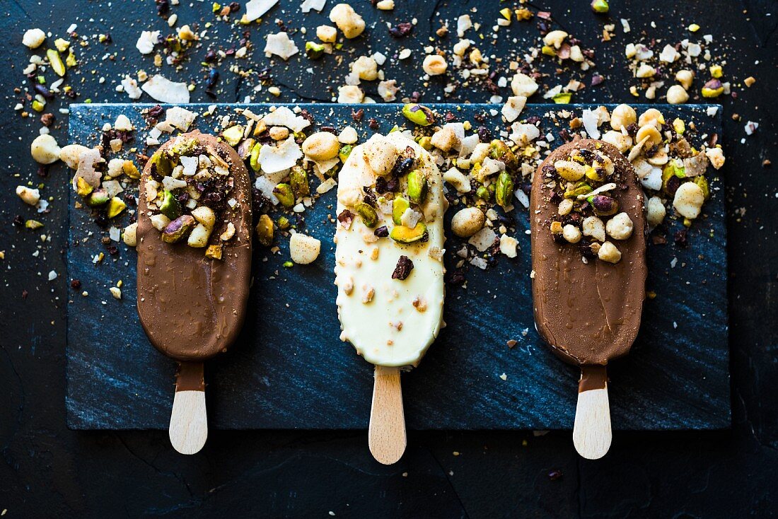 Chocolate ice lollies with dukkah (a nut and spice mix)