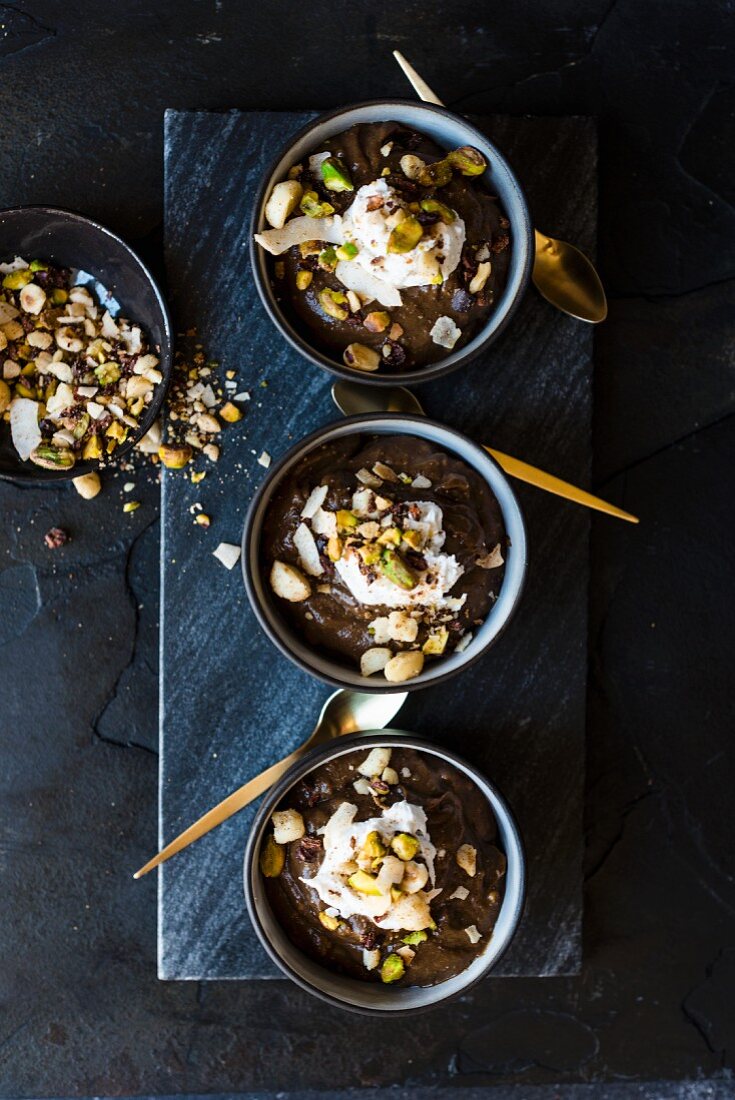 Vegan chocolate mousse with dukkah (a blend of nuts and spices)