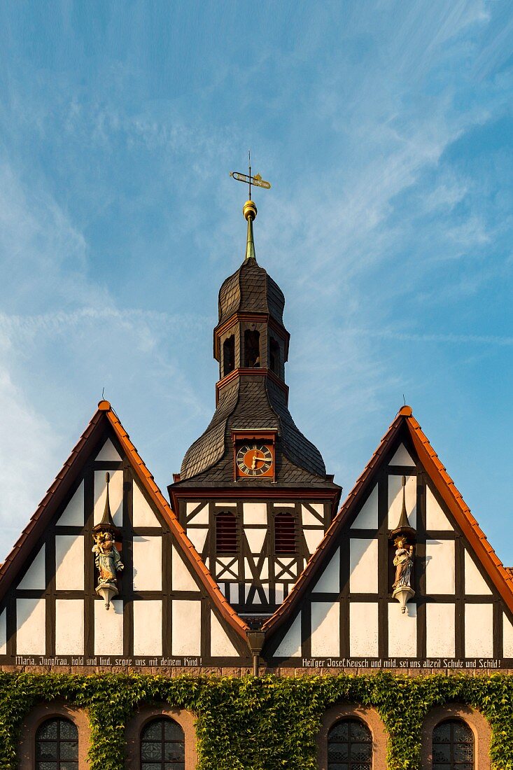 A half-timbered façade of the Church of St. Martin in Mackenrode in the district of Eichsfeld in Thuringia, Germany