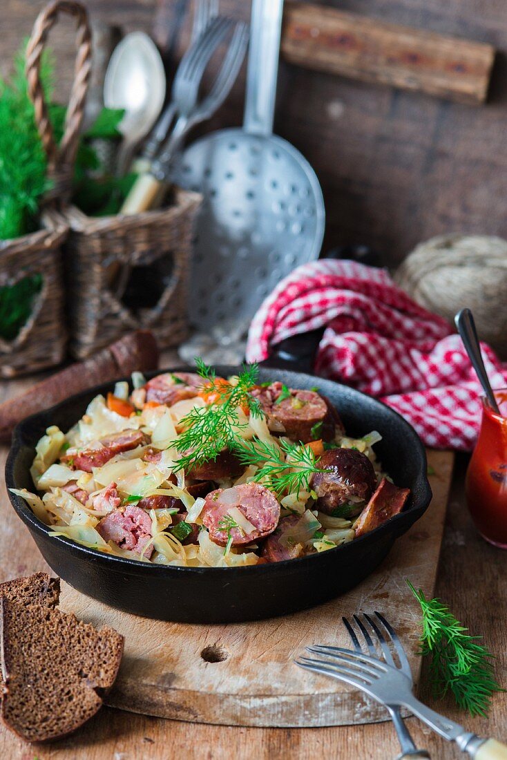 Cabbage stewed with sausage