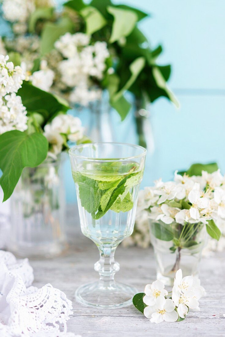 A glass of water with mint leaves