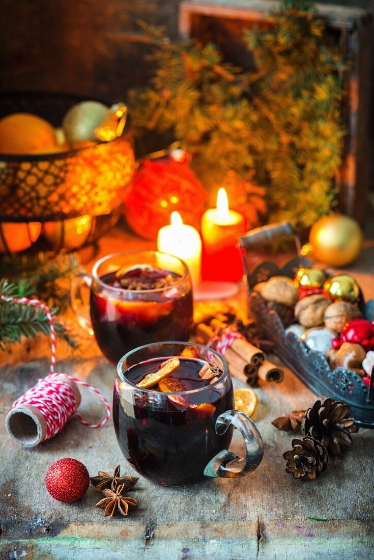 Mulled wine on a festively set table