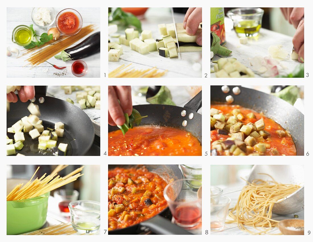 Aubergine spaghetti with tomatoes, ricotta and basil being made