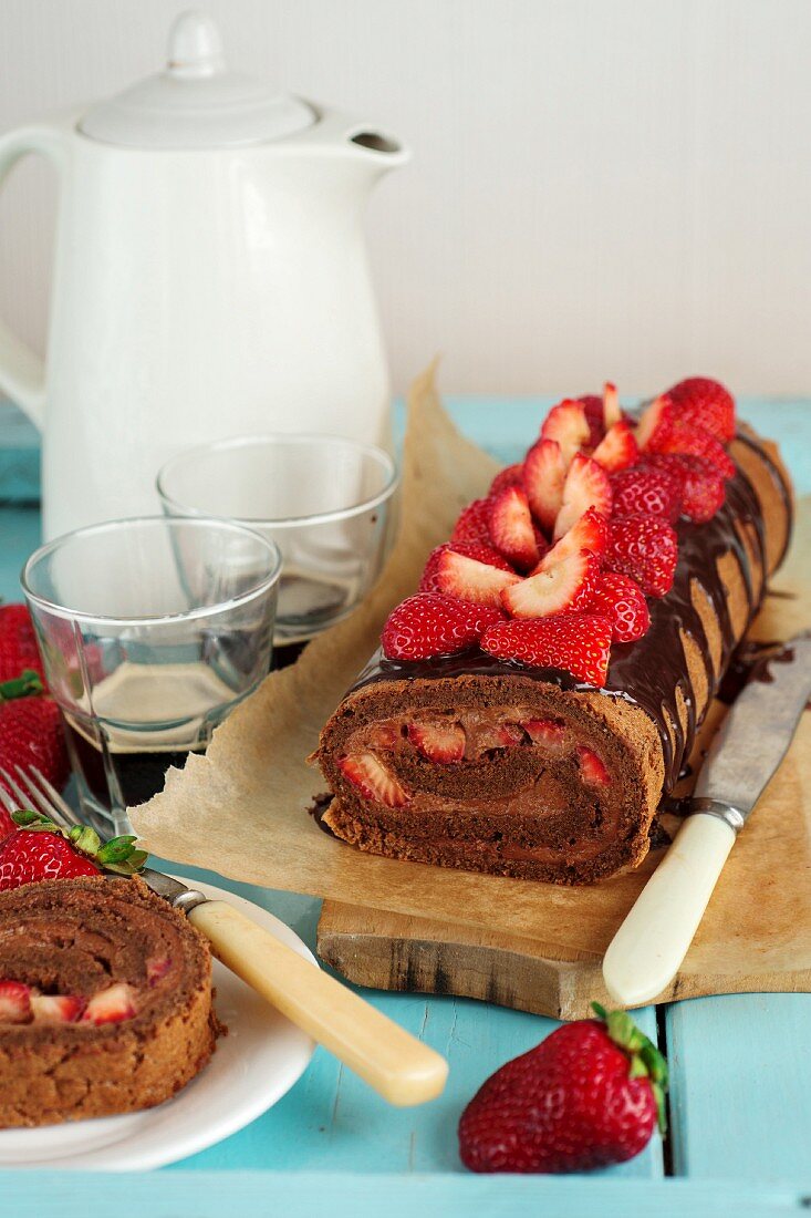 Strawberry and chocolate Swiss roll