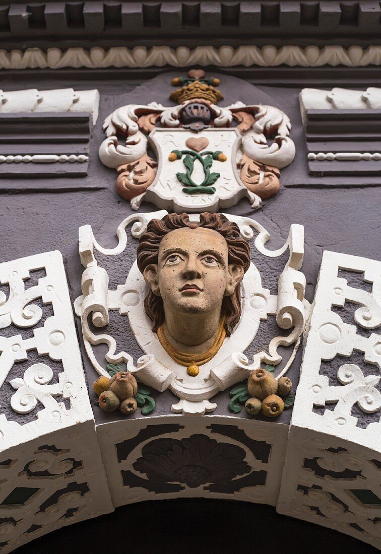 A figure on the 'Haus zum Stockfisch' building in Erfurt, Thuringia, Germany