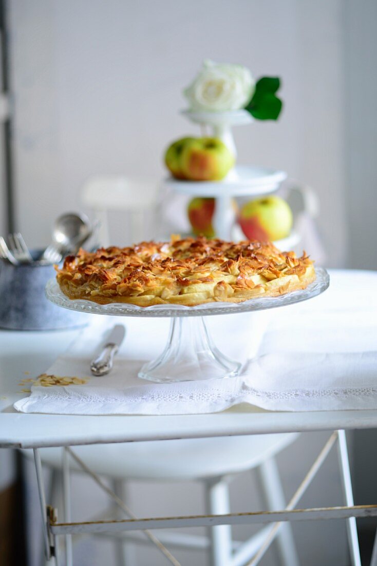 Apple pie on a cake stand