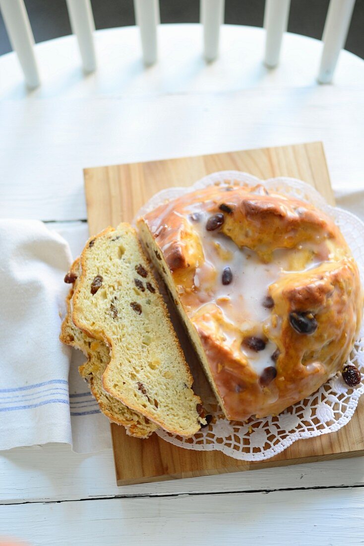 Easter bread with raisins and a sugar glaze