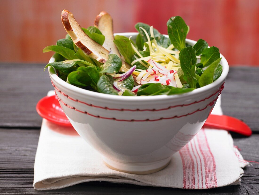 Bavarian-style salad with lamb's lettuce, pretzel stick slices, radishes and alpine cheese