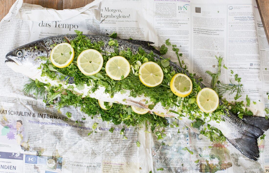 Fresh salmon with herbs and lemon slices on a sheet of newspaper
