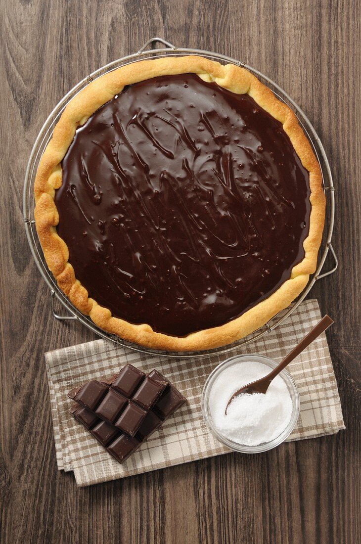 Chocolate pie on a cooling rack